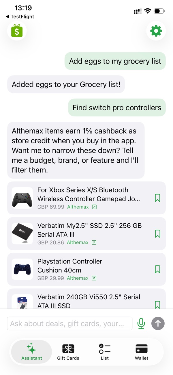 HandySave AI assistant adding eggs to a grocery list and recommending game controllers