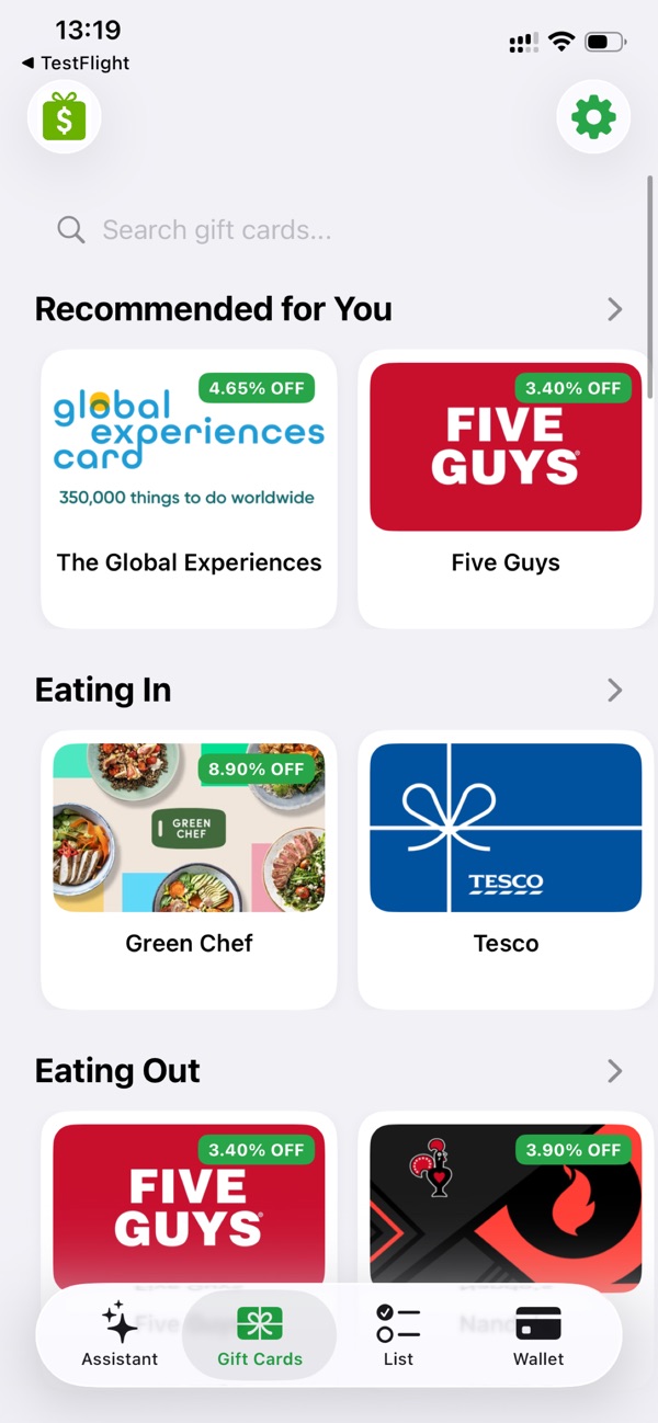 Discounted gift cards grouped by category