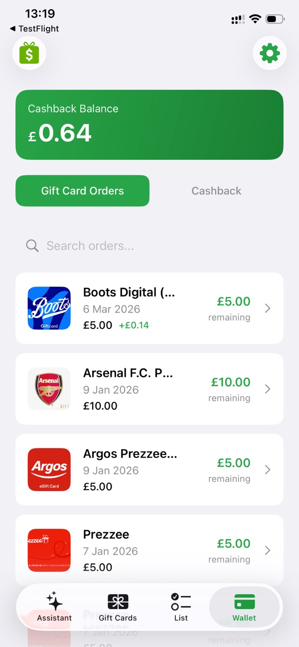 Wallet with cashback balance and gift card orders
